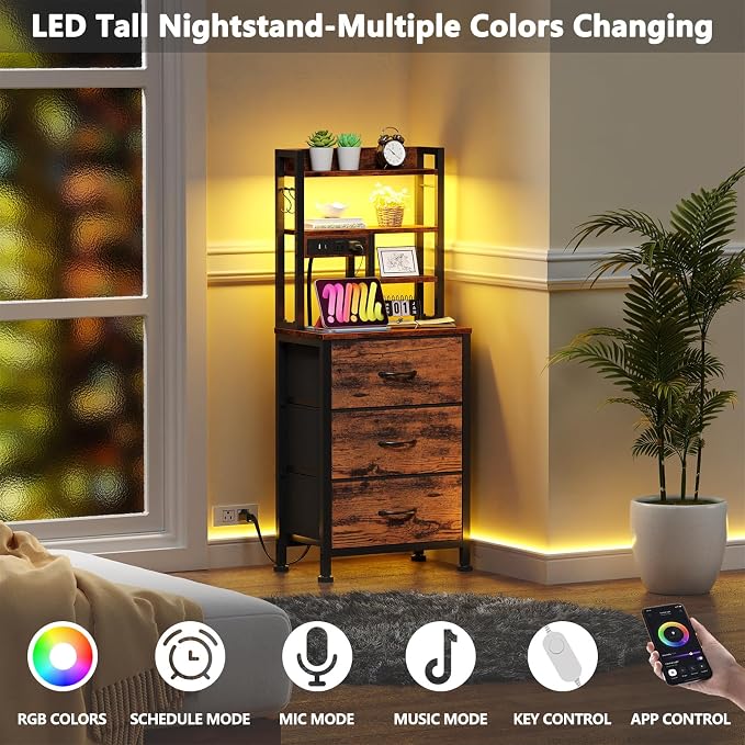 Furnulem Tall Night Stand with LED & USB Ports, 45.3inch Nightstand with Open - Image 5
