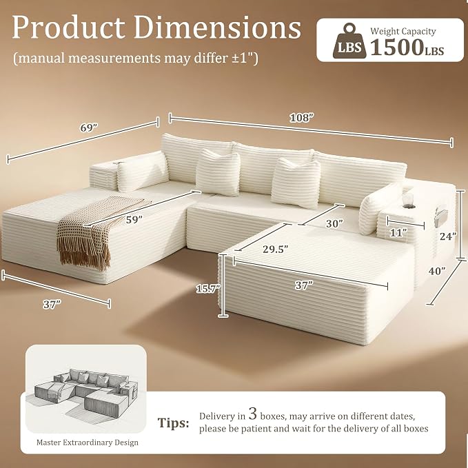 108" Cloud Sectional Couch, Comfort U Shaped Boneless Couch - Image 2