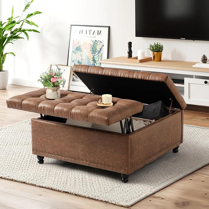 36" Large Square Ottoman with Storage, Tufted Upholstered Storage Ottoman with - Image 5