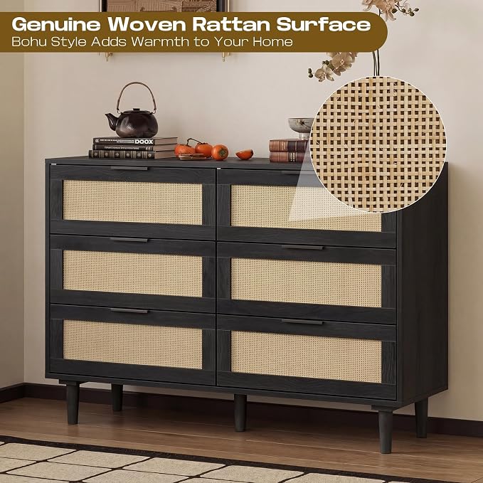 FUQARHY 6 Drawer Dresser Rattan Dresser Modern Chest - Image 5