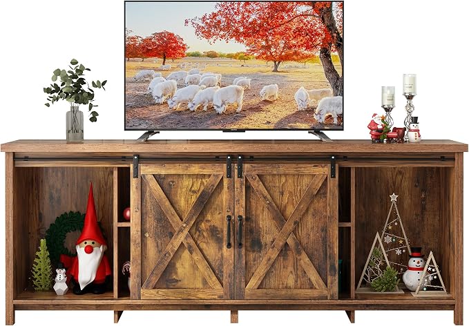 70" Farmhouse TV Stands for 70 75 80inch TV w/Adjustable Shelves, Sliding Barn - Image 8