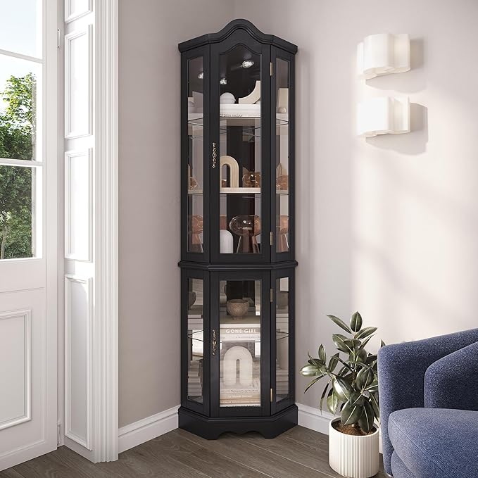 BELLEZE Lighted 3-Side Glass Display Curio Cabinet w/Tempered Glass Doors and by BELLEZE