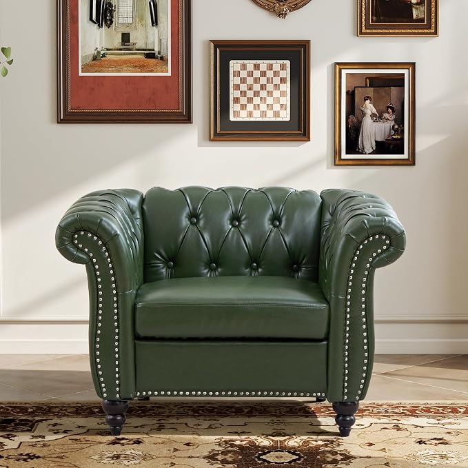 LEVNARY Chesterfield Armchair, Tufted Leather Accent Chair, Mid-Century Modern by LEVNARY