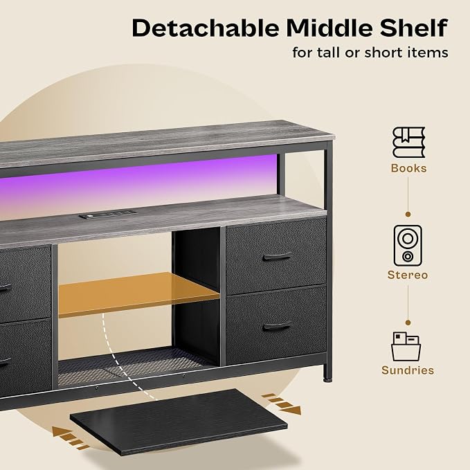 Huuger TV Stand Dresser with Power Outlets and LED Lights, 4 Drawers - Image 5