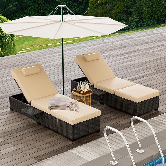 GAOMON Chaise Lounge Chairs Set of 2, Outdoor PE Rattan Chaise Lounge Chair - Image 3