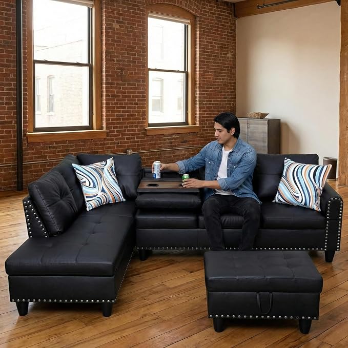 97.5" L Shaped Couch Set Leather, Modular Sectional Couches - Image 4