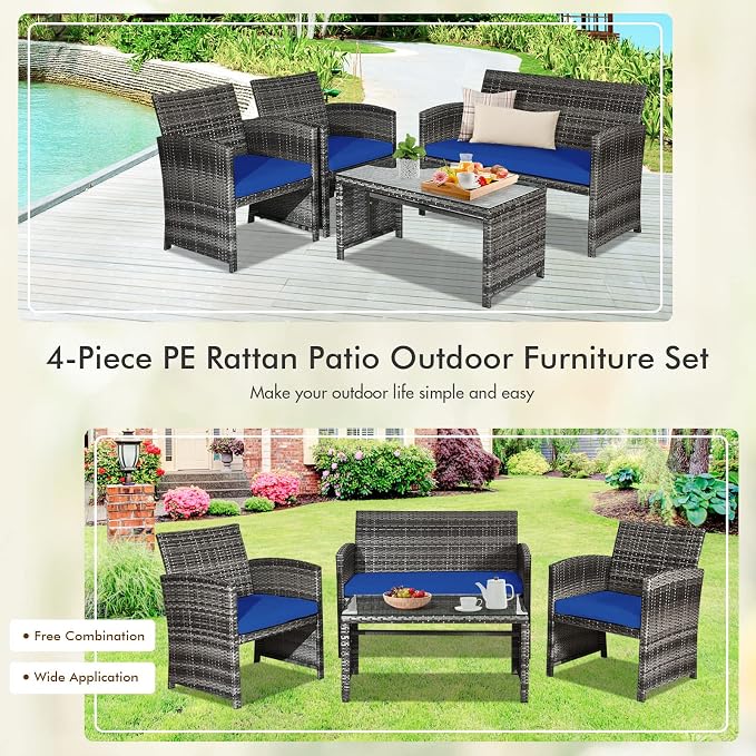 Goplus 4-Piece Rattan Patio Furniture Set, Outdoor Wicker Conversation Sofa - Image 5