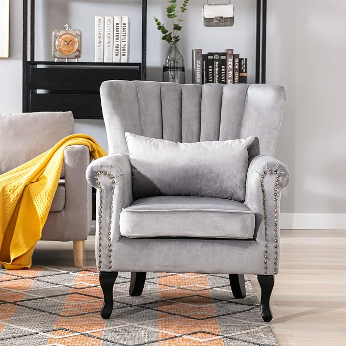 Mid Century Accent Chair Modern Tufted Wingback Armchairs Club Chair Velvet - Image 2