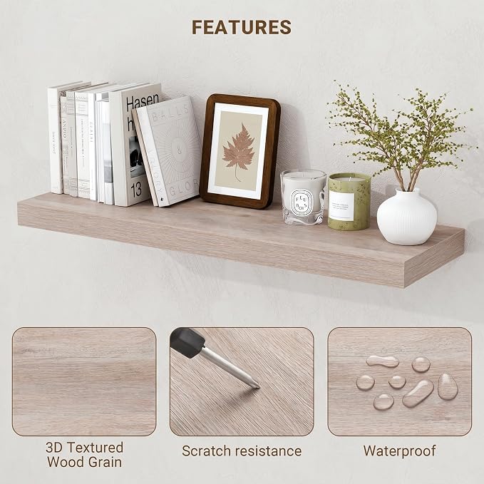 Acovy 24 Inch Floating Shelves, 3D Textured Wood Grain, Wooden Shelves - Image 5