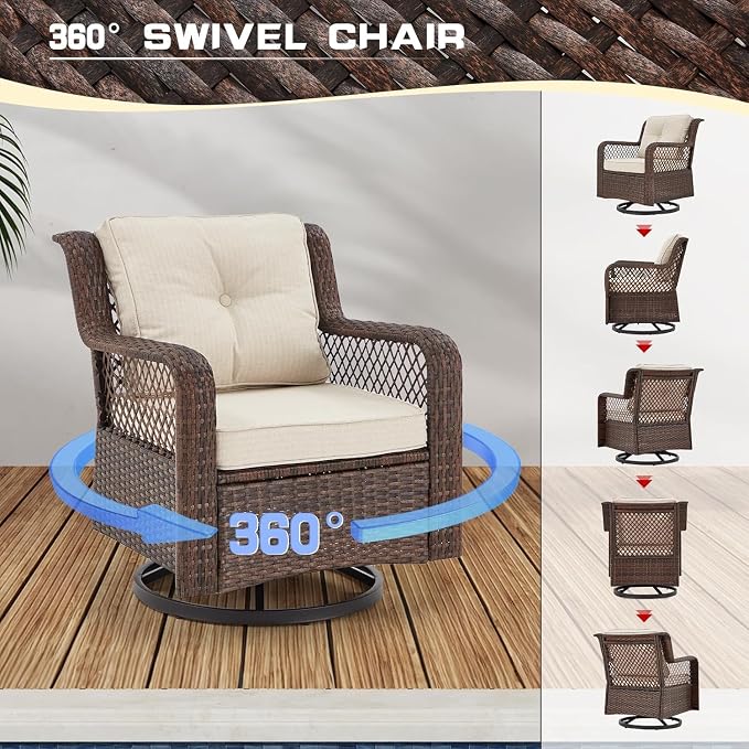 6 Pieces Wicker Patio Furniture Set Conversations Sets, 2 Outdoor 360° Swivel - Image 3