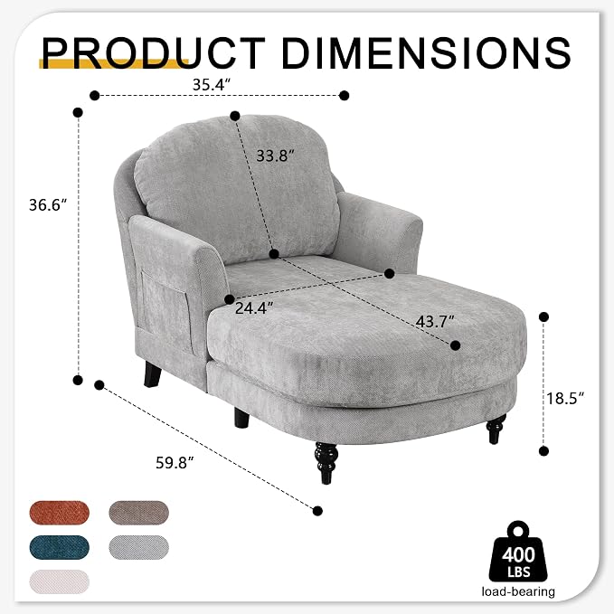Chaise Lounge Chair Indoor, 59.8" Oversized Couch Reading Chairs，Chenille - Image 2