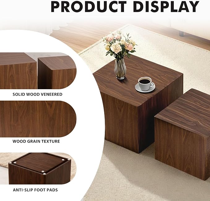 Square Nesting Tables for Living Room, Wood Nesting Coffee Table Walnut Veneer - Image 3