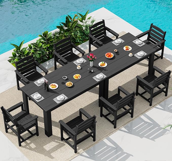 SERWALL HDPE Dining Set for 8: 2 Umbrella Hole Tables + 8 Chairs. Includes 8 by SERWALL