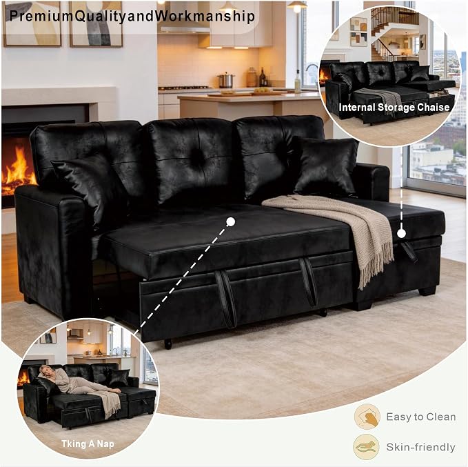 Eafurn Faux Leather Tufted Convertible Sleeper Sectional Sofa Bed, 3 Seater L - Image 8