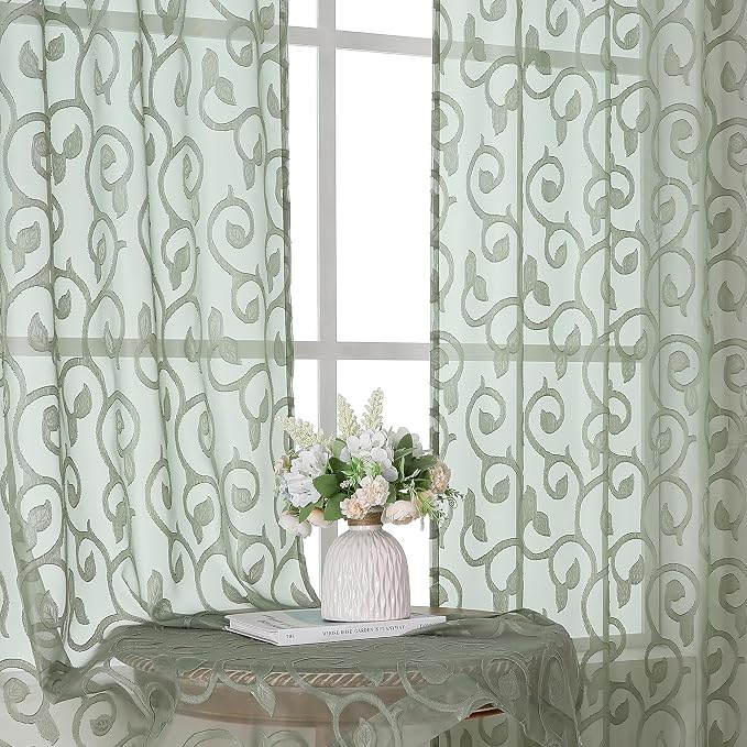 OWENIE Furman Sage Green Sheer Curtains 96 inches Extra Long by OWENIE