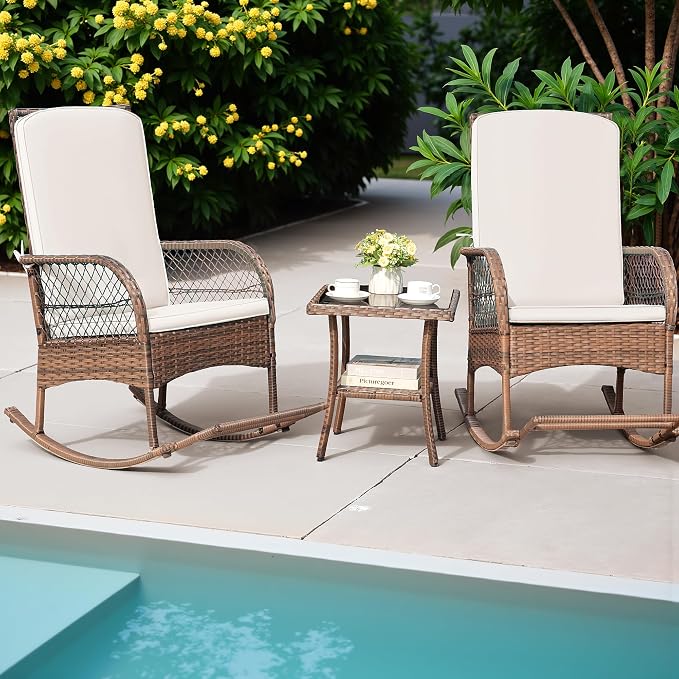 Greesum 3 Piece Outdoor Wicker Rocking Chairs Patio Furniture Set - Image 3