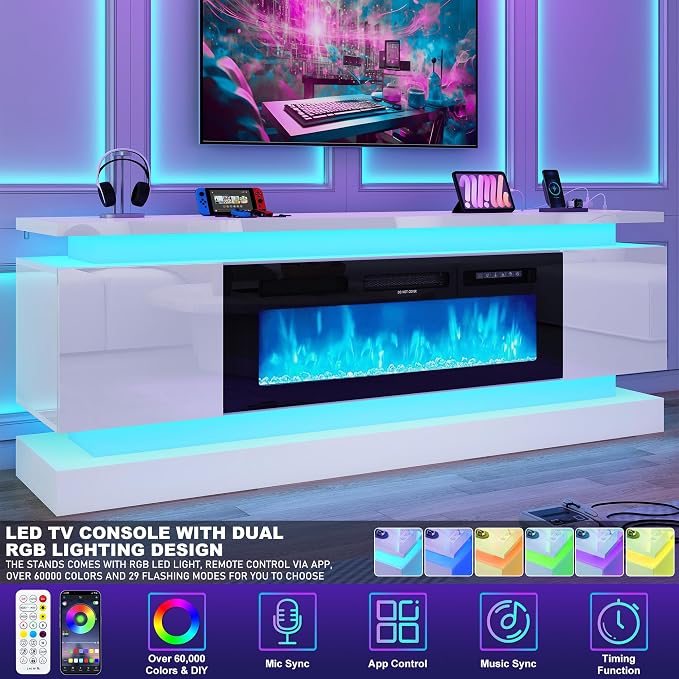 chartustriable 71IN LED TV Stands w/40 inch Fireplace Power Outlet - Image 6