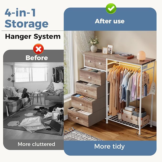 DUMOS Dresser for Bedroom with Hanging Rack, 6 Drawer Fabric Dresser with - Image 4