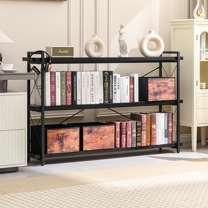 HCHQHS Bookshelf, 3-Tier Long Industrial Bookcase, Freestanding Horizontal - Image 7