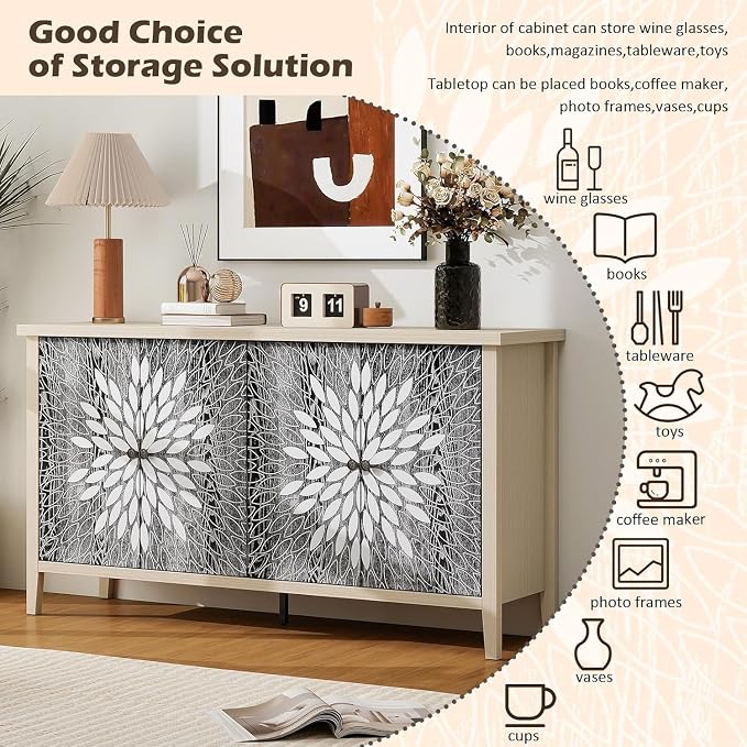 58" Carved Sideboard Buffet Cabinet - Image 3
