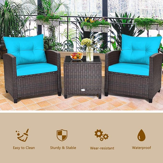 HAPPYGRILL 3 Pieces Patio Conversation Set, Outdoor Furniture Set PE Rattan - Image 3