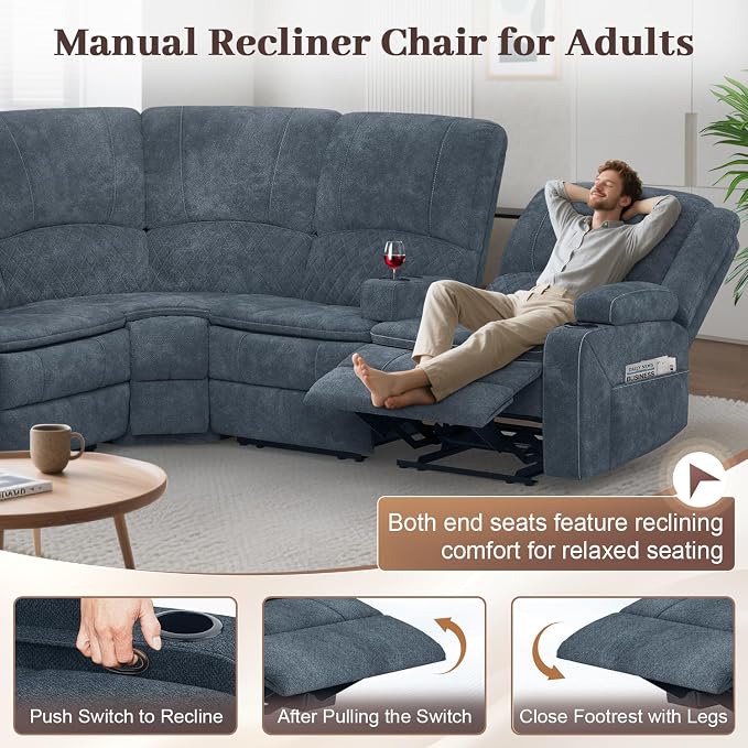 Yolsali Manual Reclining Sectional Sofa Set, 5 Seats Soft Fabric Recliner - Image 6