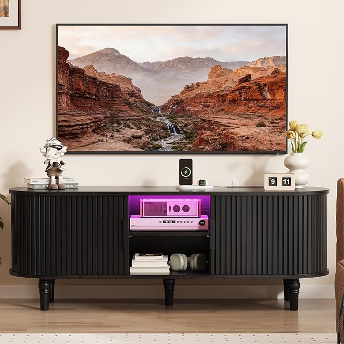 TV Console with Power Outlet-55" Entertainment Center with Sliding Tambour Door by Curlaky