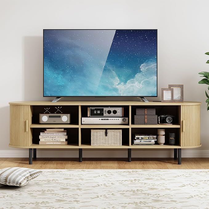 70.8" TV Stand with Power Outlet, Mid-Century Modern Television Stand, Fluted - Image 5