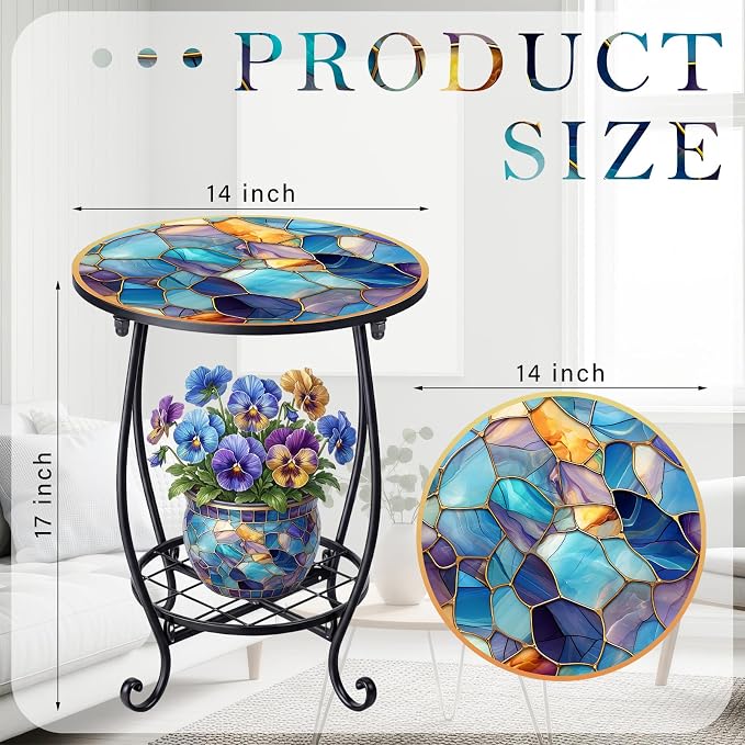 Cinnvoice Outdoor Side Table Round Small Mosaic Patio Accent Indoor End Plant - Image 3
