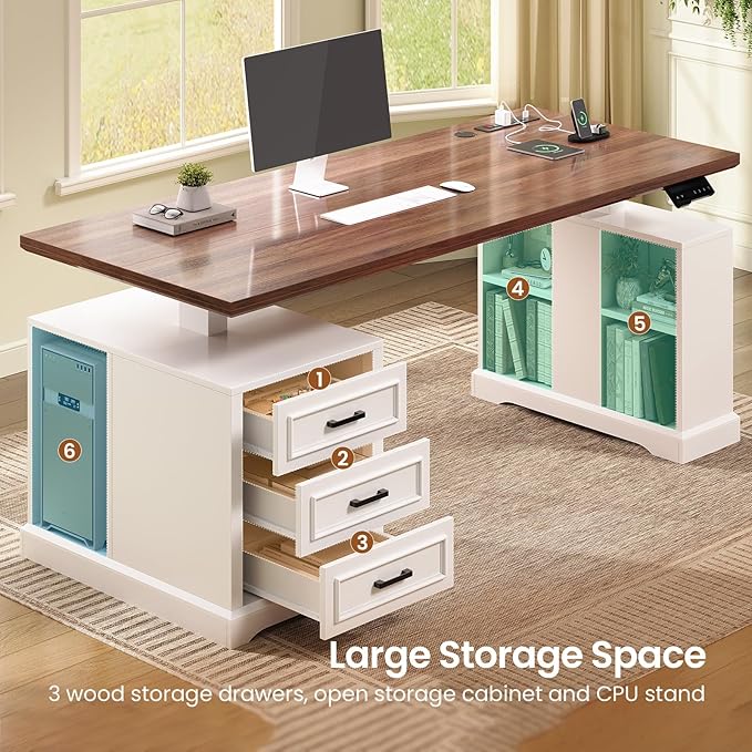 SEDETA Farmhouse Electric Standing Desk, Storage Shelves, Power Outlets - Image 5