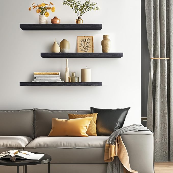 BAYKA Floating Shelves for Wall, 36 Inches Long Black Wall Mounted Rustic Wood - Image 4