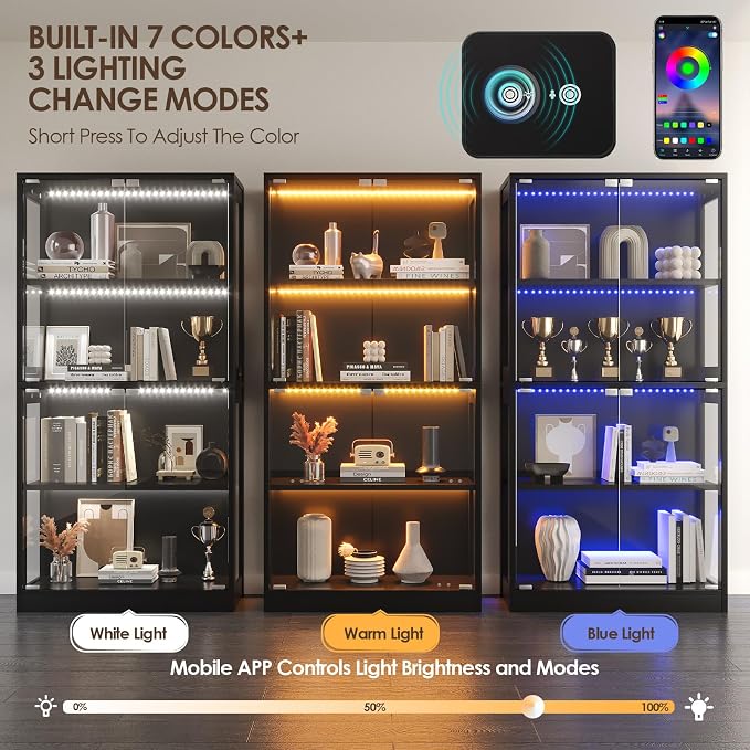 Airynee Display Cabinet with Glass Doors, 4-Tier Curio Cabinet with 7 Vibrant 3 - Image 6