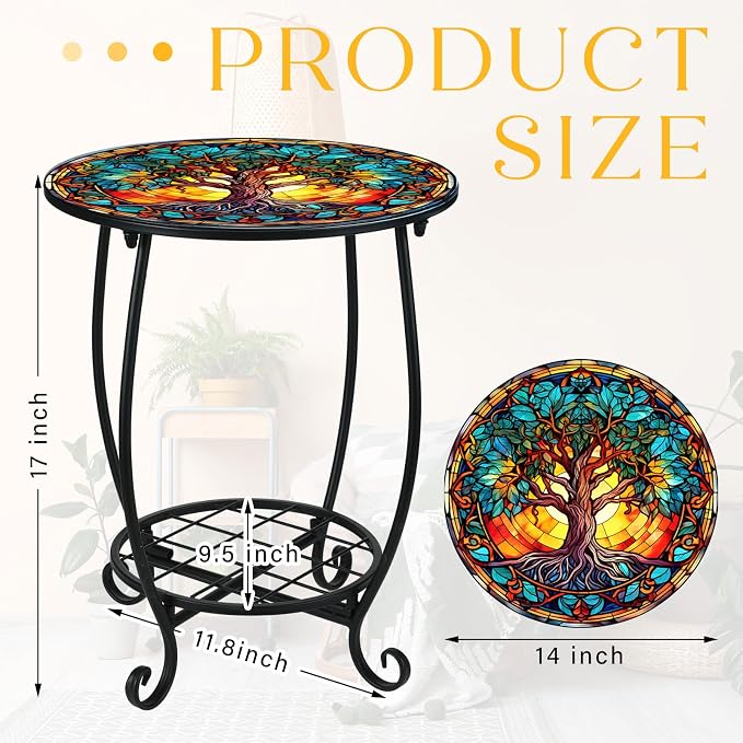 Cinnvoice Outdoor Side Table Round Small Mosaic Patio Accent Indoor End Plant - Image 3