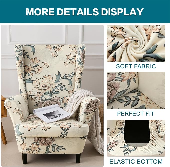 KRFOONN Velvet Wing Chair Slipcovers 2 Piece Stretch Printed Wingback Chair - Image 3