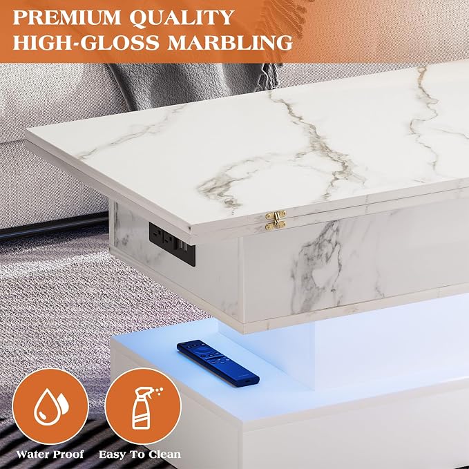 SYESWAY 39.4” Modern High Gloss Marble Lift Top Coffee Table - Image 5