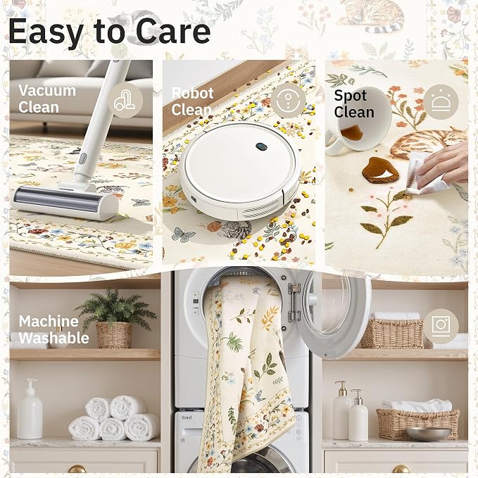 Cat 9x12 Area Rugs for Living Room, Machine Washable Animal Floral Vintage Rug - Image 7