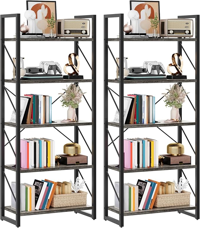DWVO 5 Tier Bookshelf 2 Pack, Industrial Bookshelves Open Shelf Bookcase - Image 7