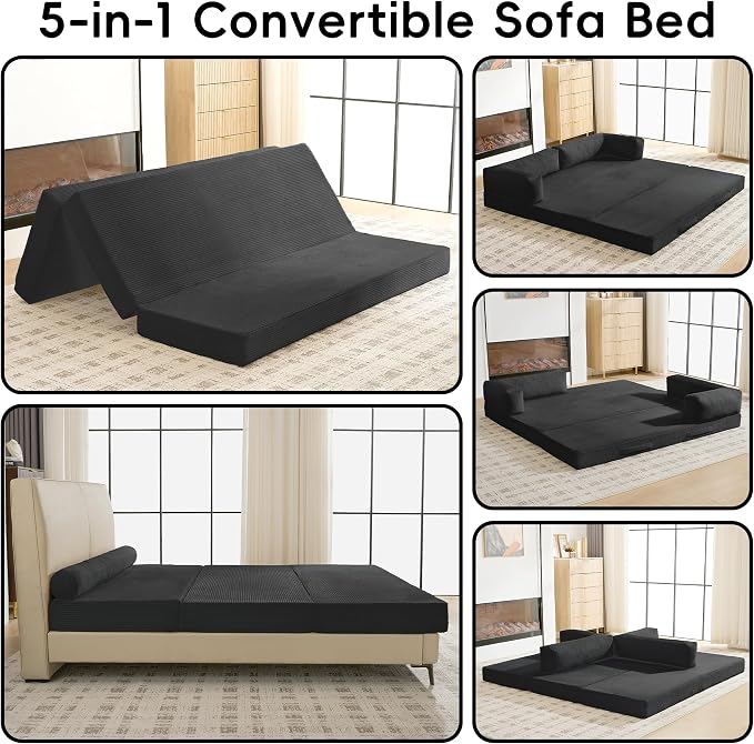 60" Boneless Couch, 5-in-1 Convertible Sofa Bed Tri Folding Mattress - Image 4