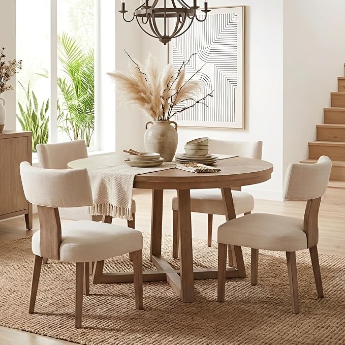 HNY Mid Century Modern Dining Chairs, Linen Fabric Upholstered and Curved - Image 7
