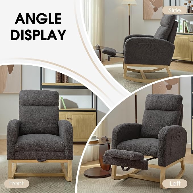 NIOIIKIT Modern Nursery Rocking Chair, Teddy Upholstered Rocking Chair - Image 8