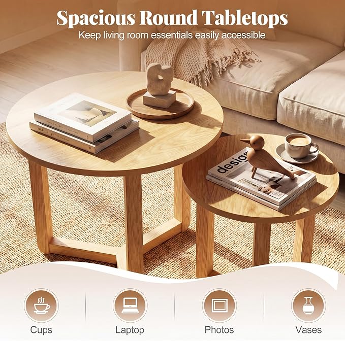 Giantex Round Nesting Coffee Table Set of 2, Wood Nesting End Tables - Image 4