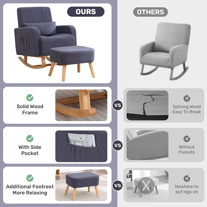 HCHAIRH Rocking Chair with Ottoman, Upholstered Glider Rocker with High - Image 8