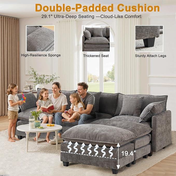 111.4" L-Shaped Cloud Chenille Sofa Sectional Couch - Image 4