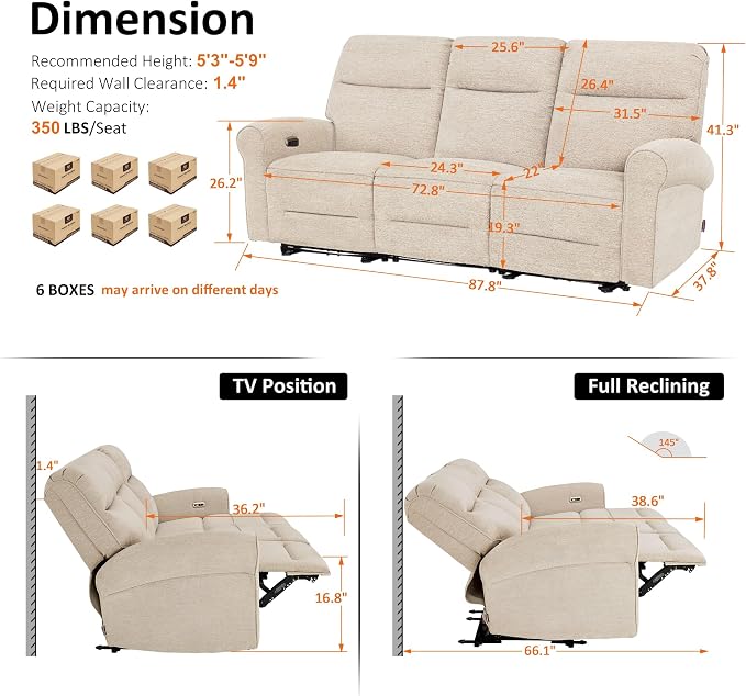 MCombo 87.8" Wall Hugger Power Reclining Sofa, 3-Seat Triple Recliner Couch - Image 3