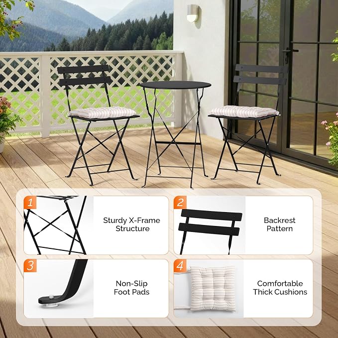 VINGLI Outdoor Folding Bistro Table and Chairs Set of 2, 3-Piece Bistro Set - Image 8