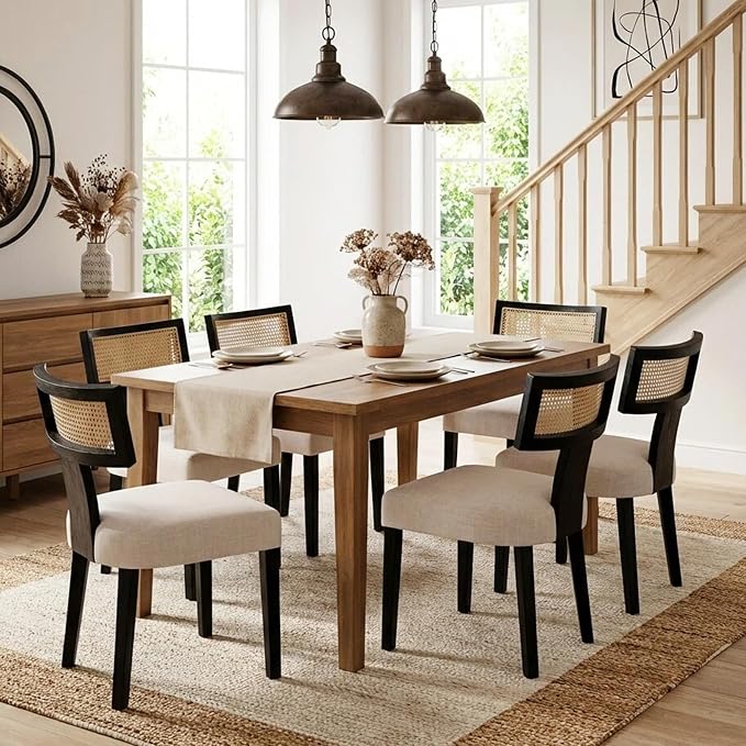 HNY Mid Century Modern Rattan Dining Chairs Set of 6, Farmhouse Linen by HNY
