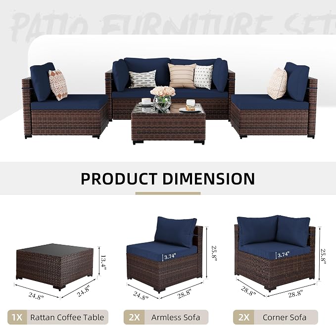 UPHA 5 Pieces Patio Furniture Sets, Wicker Outdoor Sectional Sofa Couch - Image 2