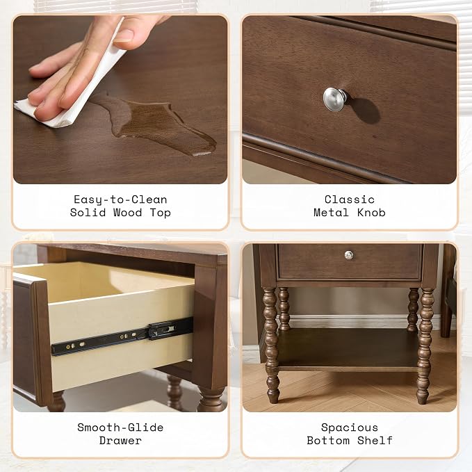 AMERLIFE 24" Walnut Nightstand Set of 2, Vintage Bedside Table - Image 8