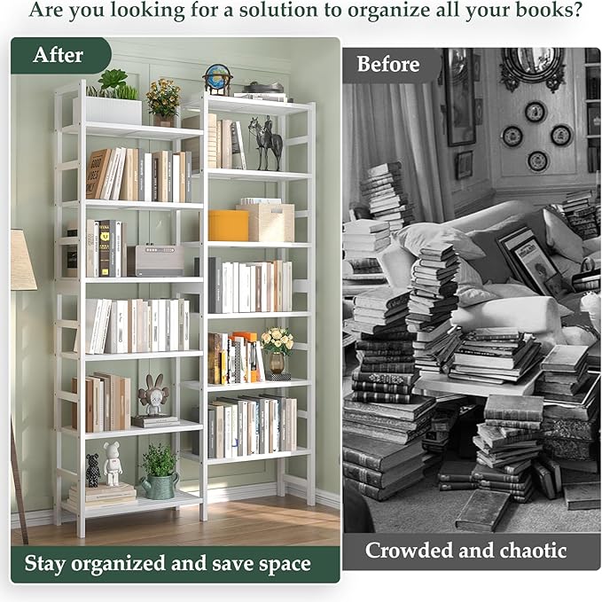 Homykic Double Wide Bamboo Bookshelf White, 6-Tier Large Open Bookcase - Image 5