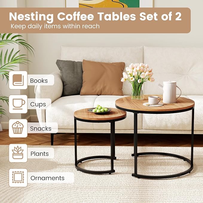 Giantex Nesting Coffee Table Set of 2, Round Stacking Side Tables w/Wooden - Image 4